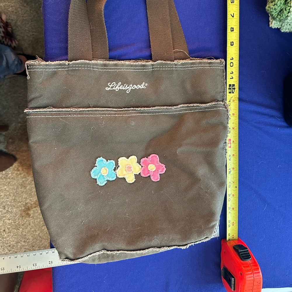 Life Is Good Brown Tote with Colorful Floral Accents